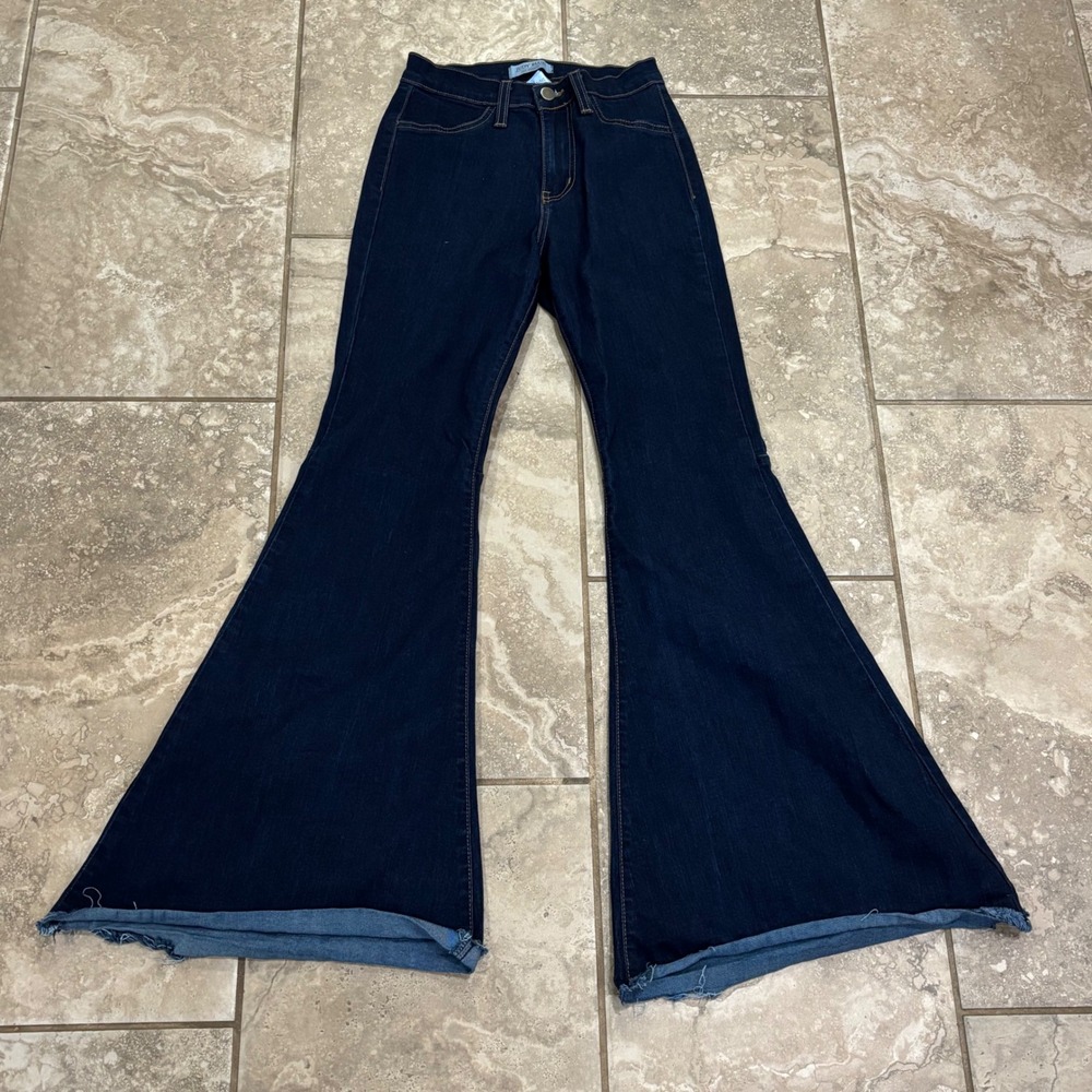Judy Blue Los Angeles Womens High Waisted Flare Jeans Dark Wash Raw Hem 8386 25